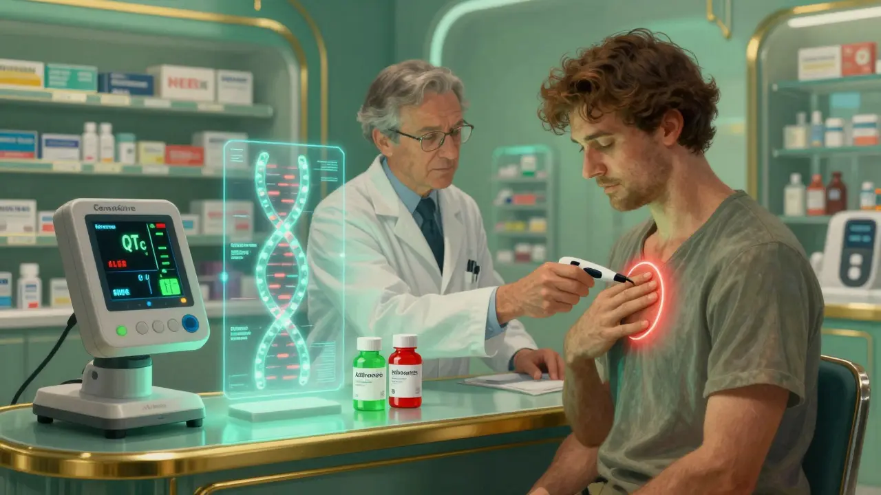 A pharmacist using a handheld QT monitor at a futuristic pharmacy, with a holographic gene and antibiotic bottles glowing in contrasting colors.