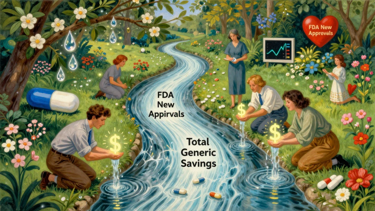 A radiant river of medicine flows through a garden, nourishing patients and healthcare systems.