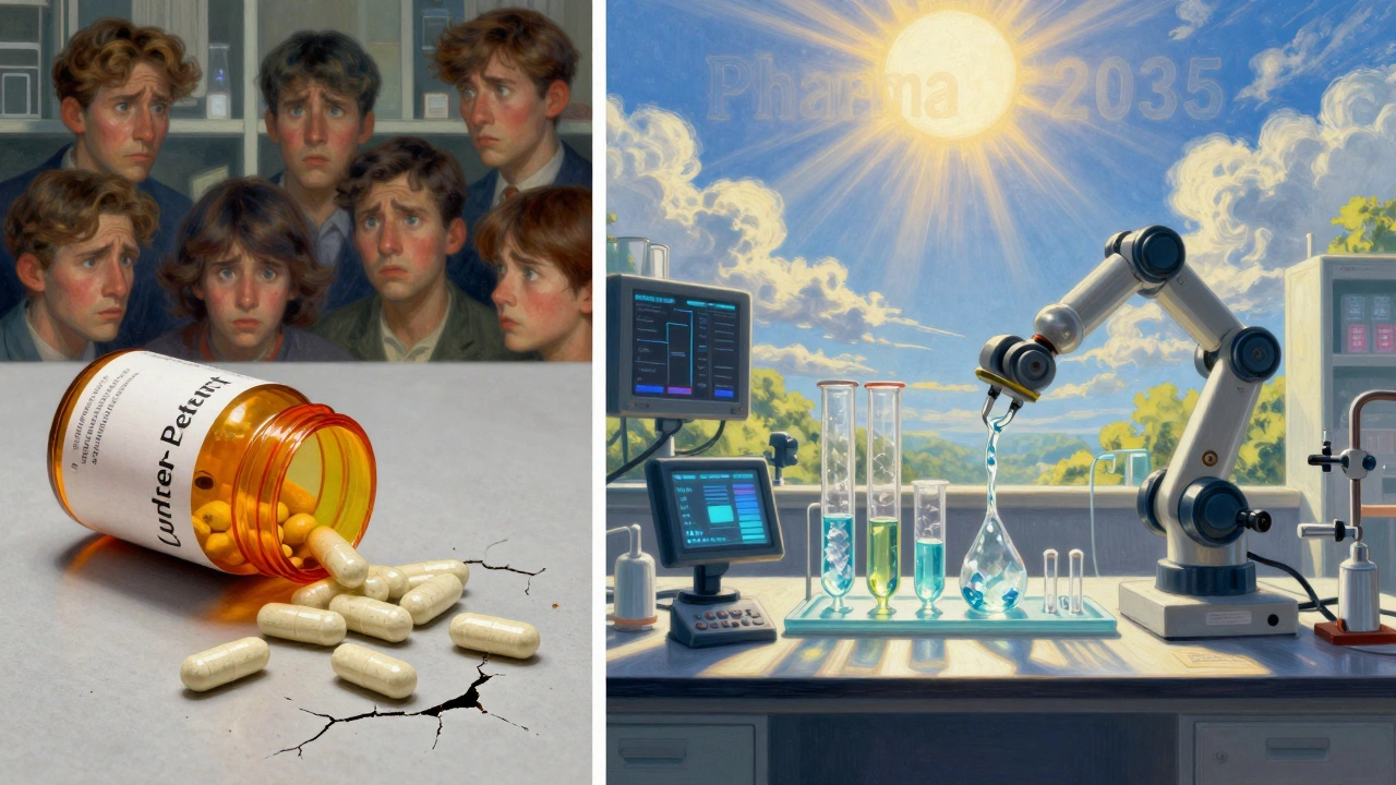 A split scene: one side shows failing medication, the other a clean, automated lab under a hopeful sky.