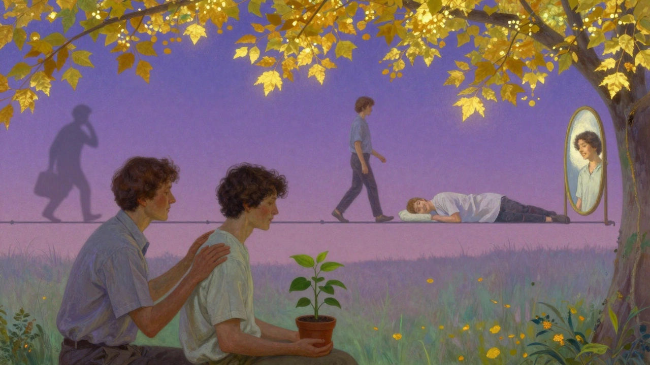 A therapist and client under a leafy canopy, with a timeline of healing unfolding behind them.