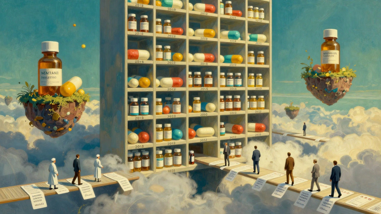 A towering pharmacy shelf with yearly savings figures extends into clouds, lit by soft twilight.