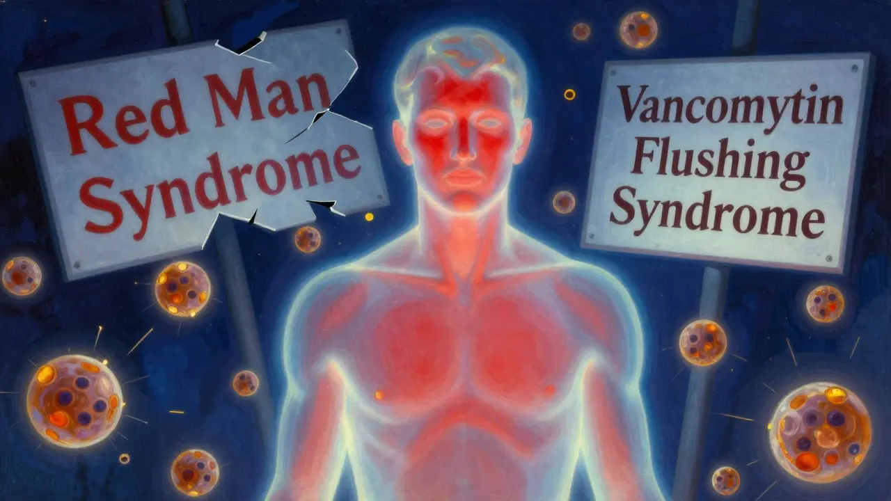 A translucent human figure with a radiant red flush, surrounded by golden histamine sparks, as an old label breaks and a new one appears.