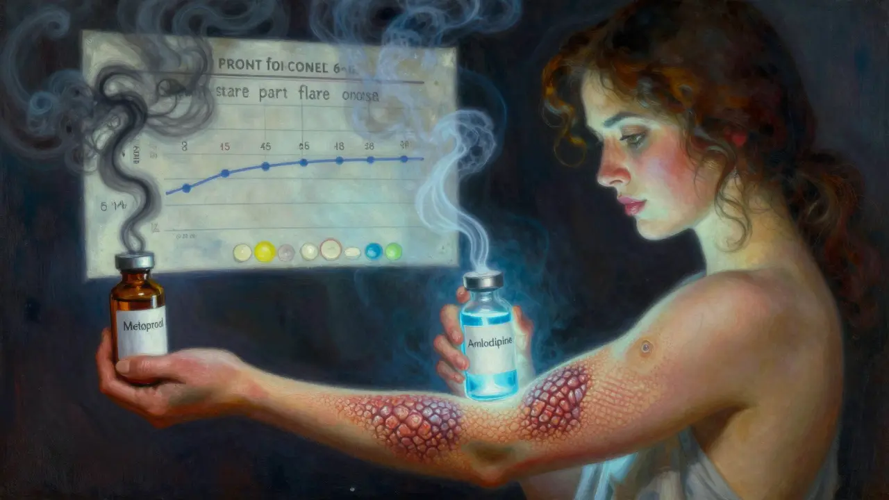 A woman holds two vials: one causing skin flares, the other soothing them, with a floating timeline showing delayed reaction.