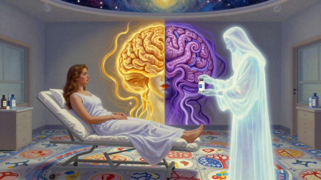 A woman receiving estrogen from a celestial healer, with her brain shown in contrasting calm and chaotic light patterns.