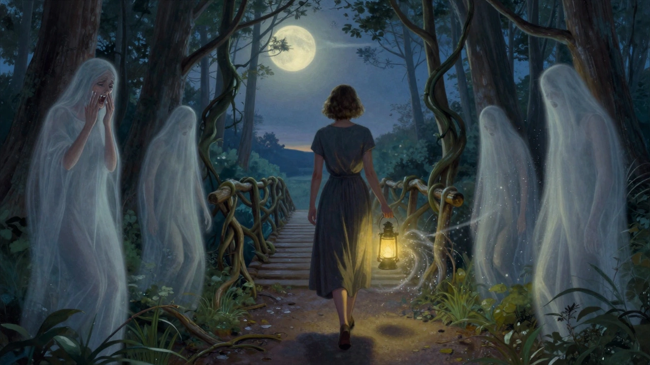 A woman walking through a moonlit forest with a glowing lantern, leaving behind shadowy versions of her past emotions.