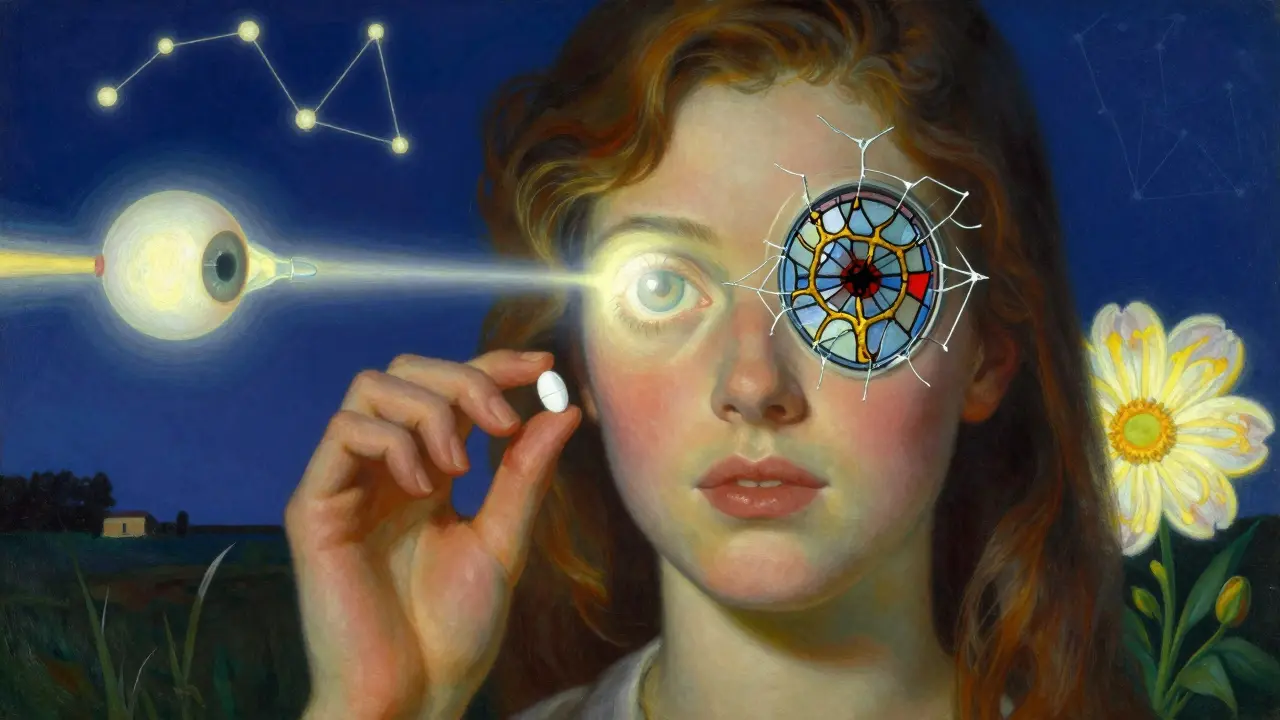 A young woman's eye transforming into stained glass with a clot as a thorn, hinting at future treatments.