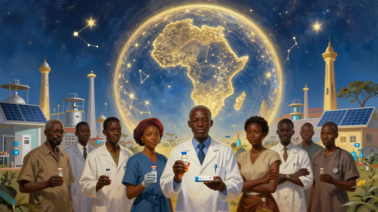 African scientists holding HIV injectables under a starlit dome shaped like the African continent.