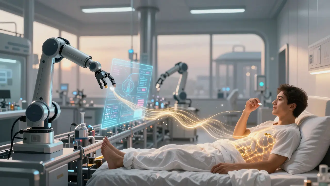 An automated drug factory at dawn produces tablets as holographic data flows to a patient taking a pill, connected by a golden thread of trust.