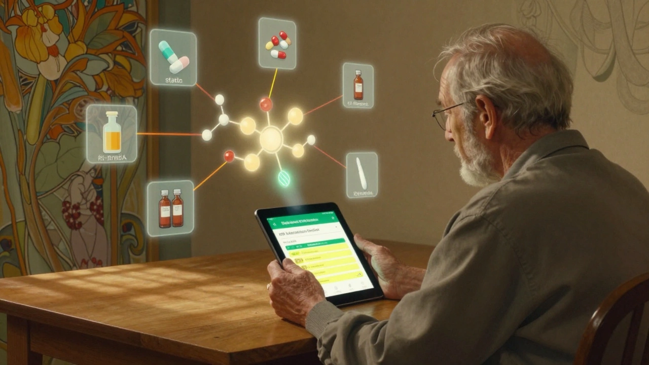 An elderly person using a drug interaction app, surrounded by floating medication icons in soft, detailed luminous tones.