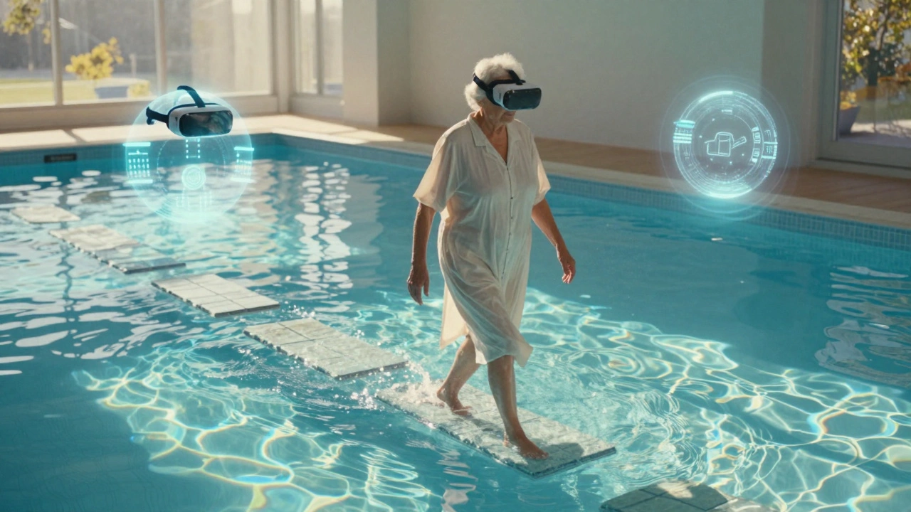 An elderly person walks in a sunlit pool, surrounded by floating VR sensors and shimmering water reflections.