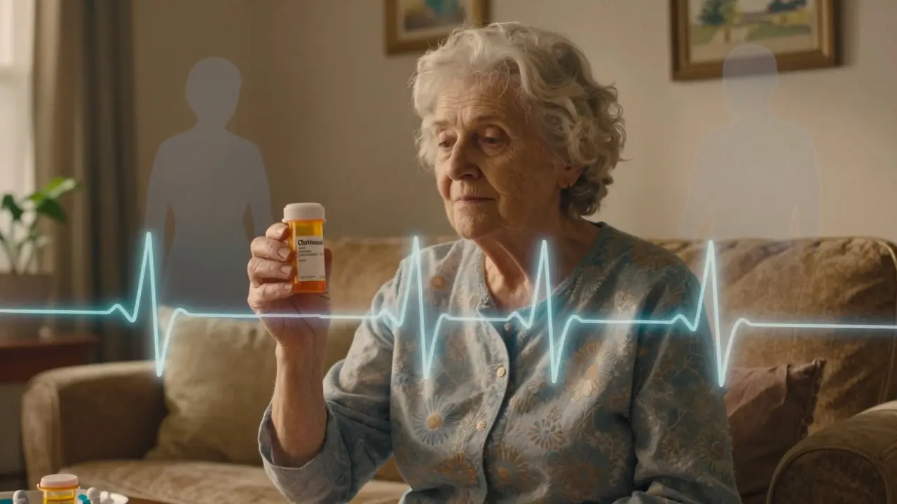 An elderly woman holding a clarithromycin prescription, with ghostly ECG waves rippling from her chest and other medications floating nearby.