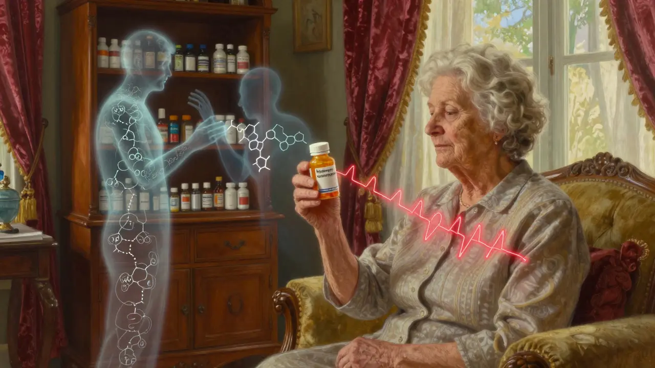 An elderly woman in a sunlit room, surrounded by spectral drug interactions glowing near her chest.