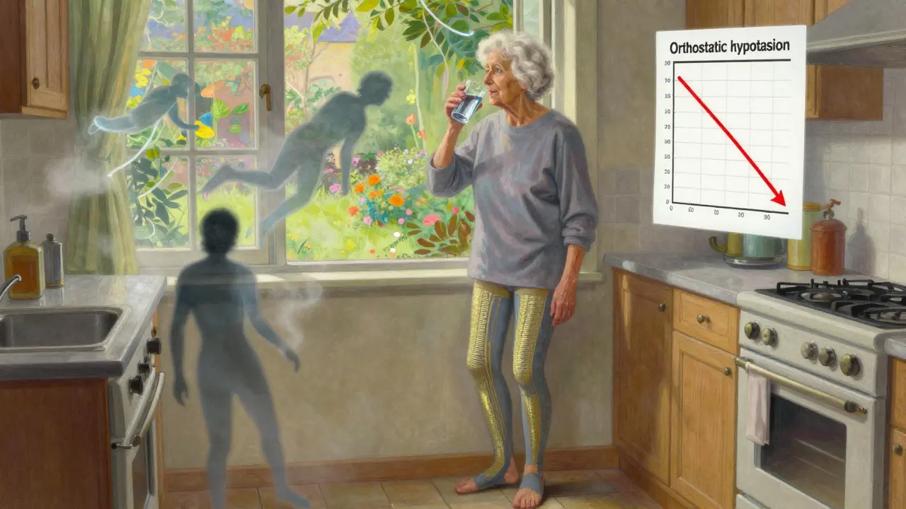 An elderly woman in compression stockings drinking water in her kitchen, with dizziness shadows fading away.