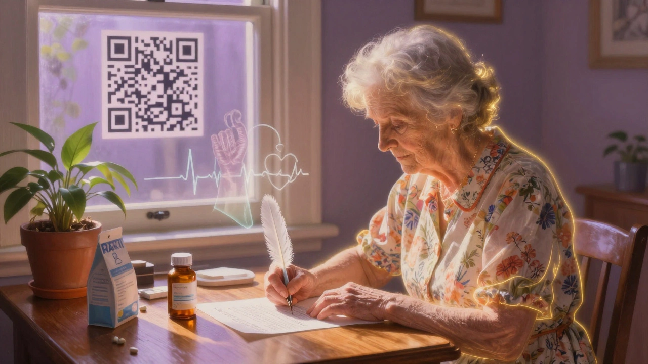 An elderly woman writing a MedWatch report at a sunlit table, with glowing images of symptoms floating around her.