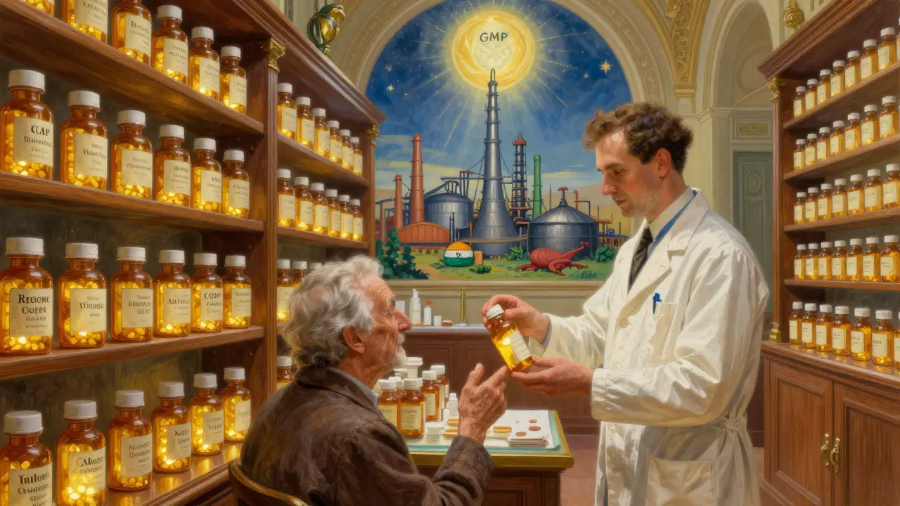 An elegant pharmacy with identical glowing pill bottles on shelves, a pharmacist handing one to a patient under soft daylight.