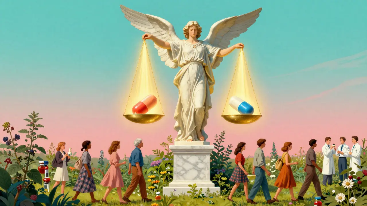An FDA figure balances a scale with two identical glowing pills, patients walking through a sunlit medicinal garden.