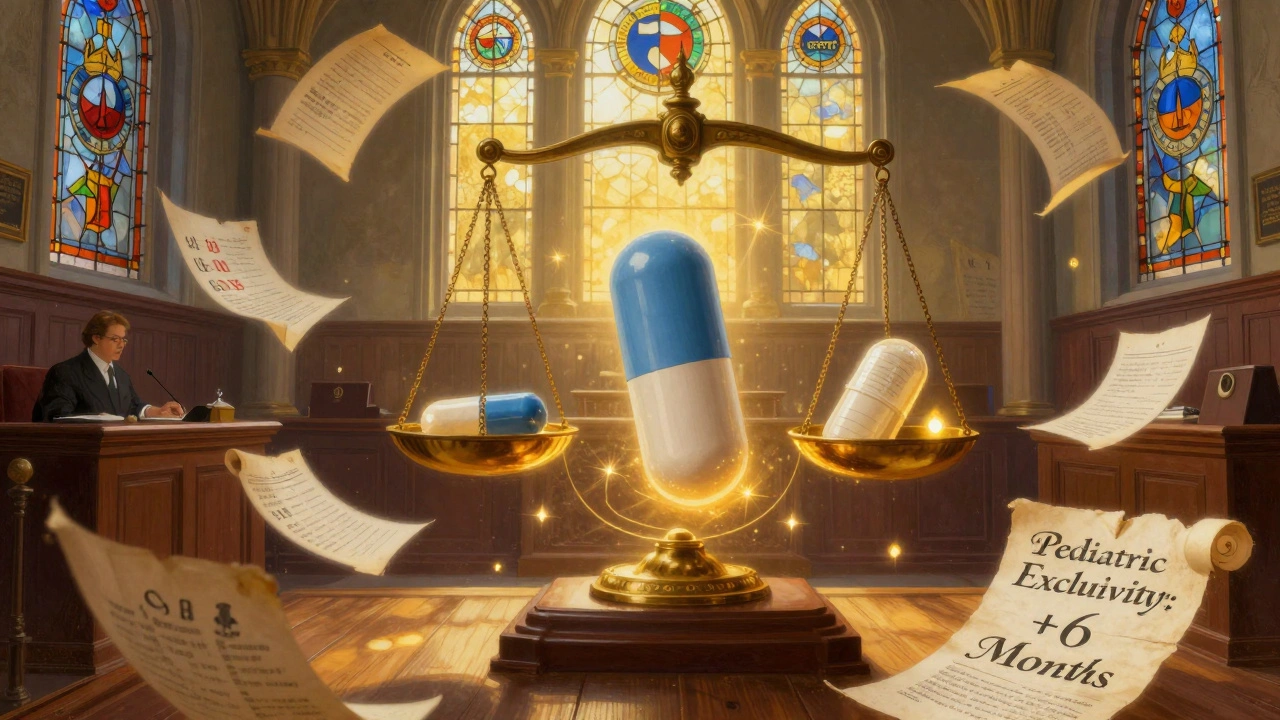 Celestial scales weighing brand-name and generic drugs, surrounded by glowing patent scrolls and calendar pages.