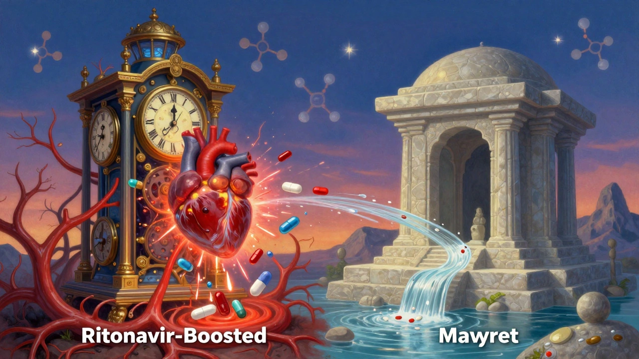 Contrasting scenes: a chaotic boosted antiviral machine vs. a serene low-interaction temple, bathed in ethereal light.