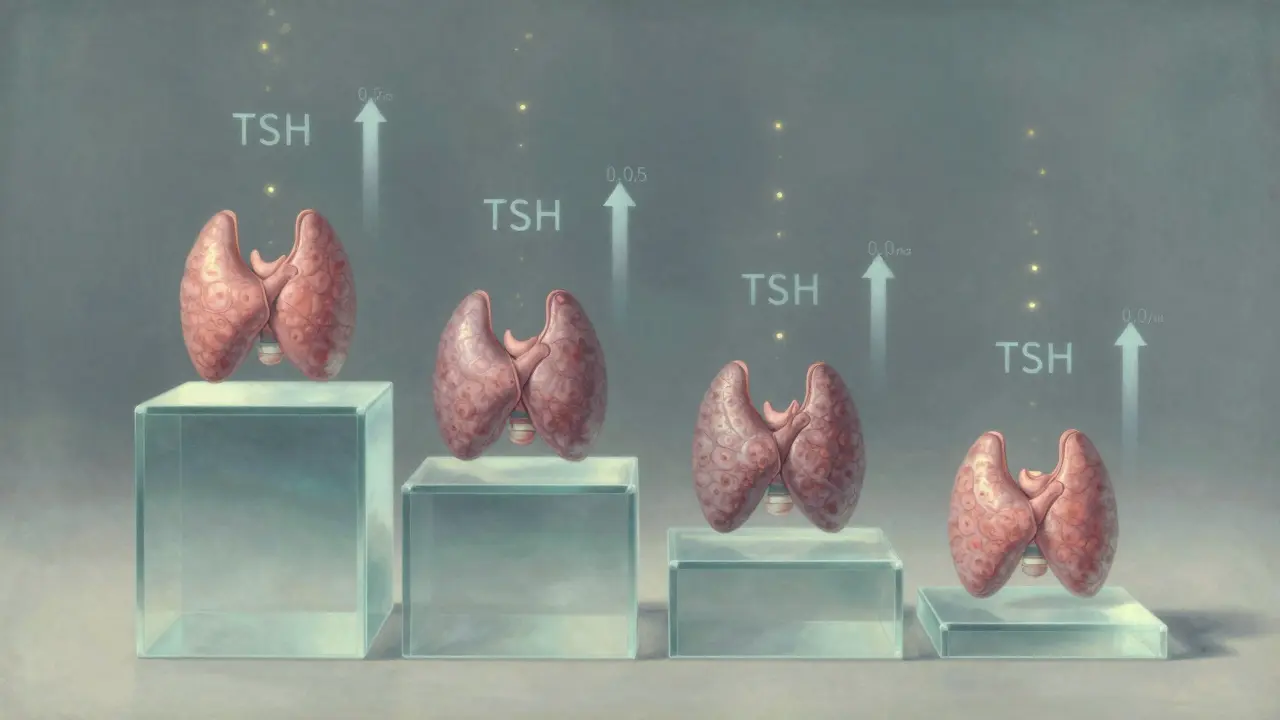 Four translucent steps showing Hashimoto's progression with rising TSH arrows.