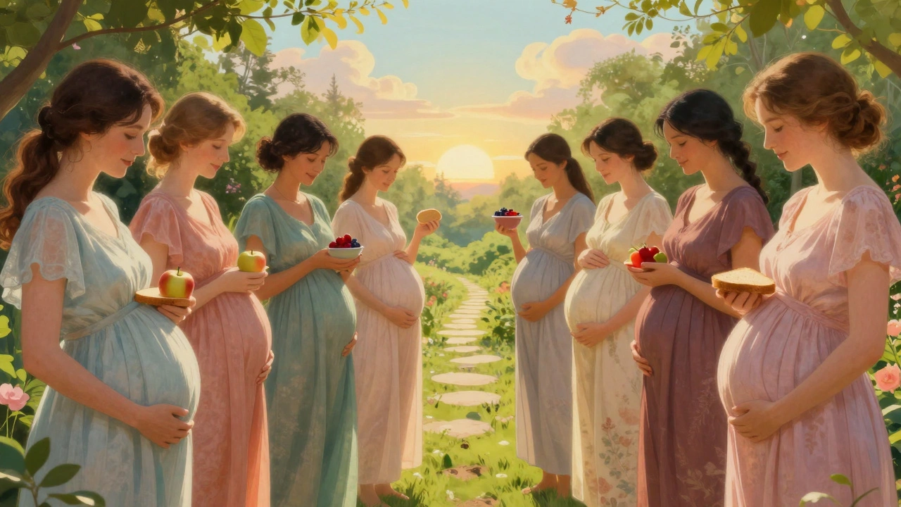 Group of pregnant women in a garden holding healthy food portions, surrounded by glowing light and lush nature.