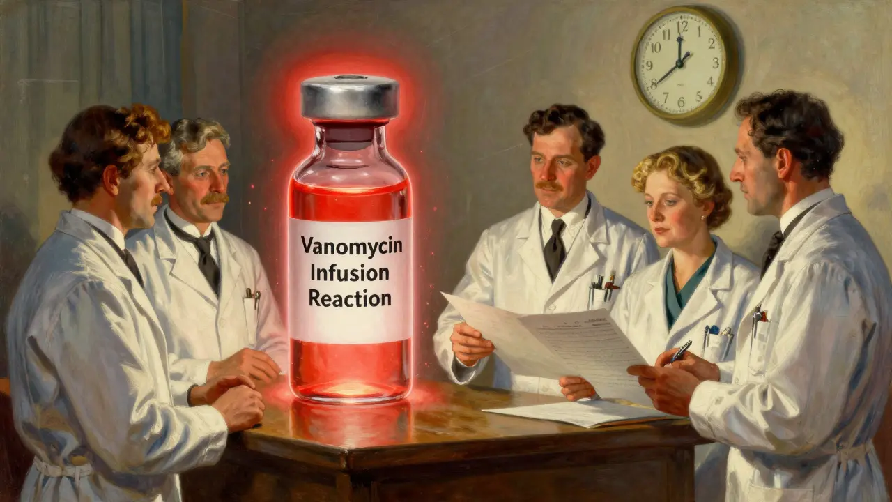 Medical staff reviewing a chart beside a glowing vancomycin vial, with histamine particles swirling and a clock showing 100 minutes.
