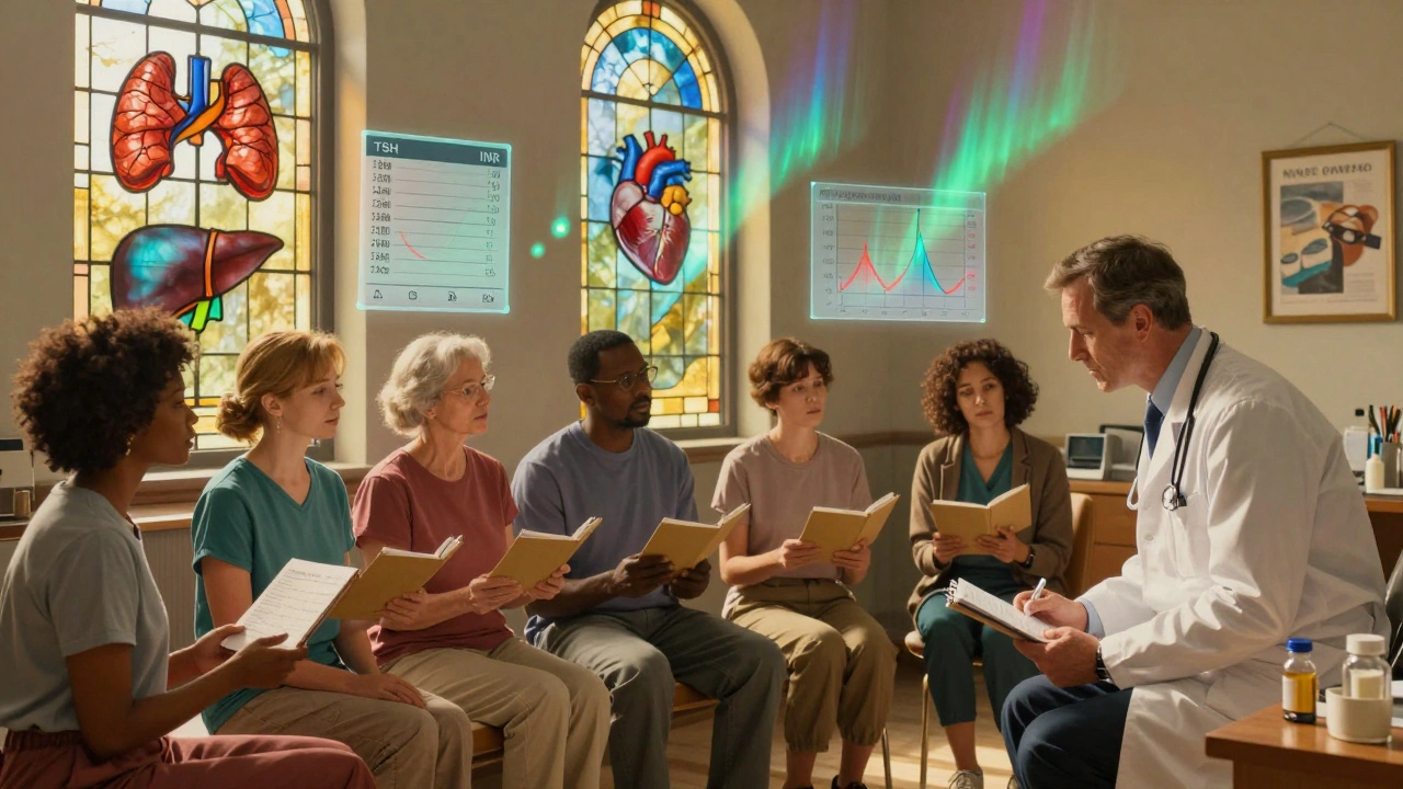 Patients in a doctor&#039;s office holding journals as floating health charts glow softly in the background.