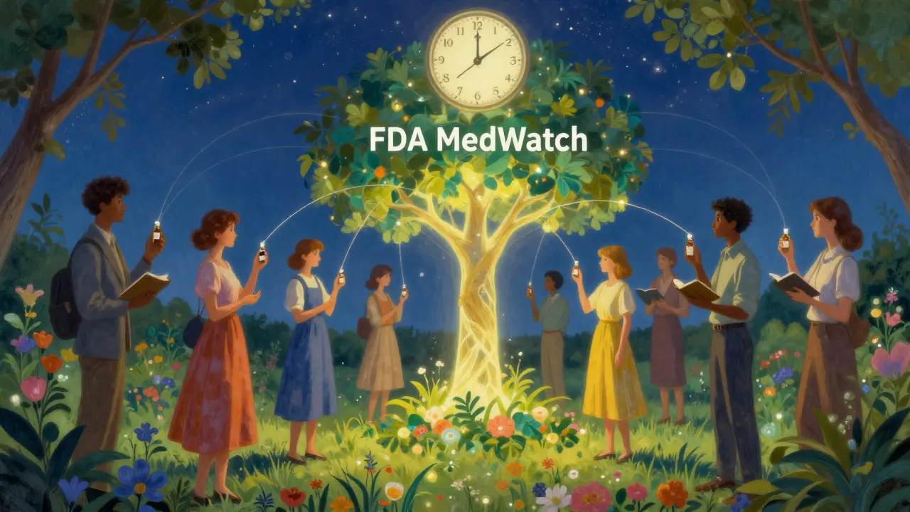 People connected by light threads to a glowing tree labeled 'FDA MedWatch' under a celestial clock, representing health tracking and innovation.