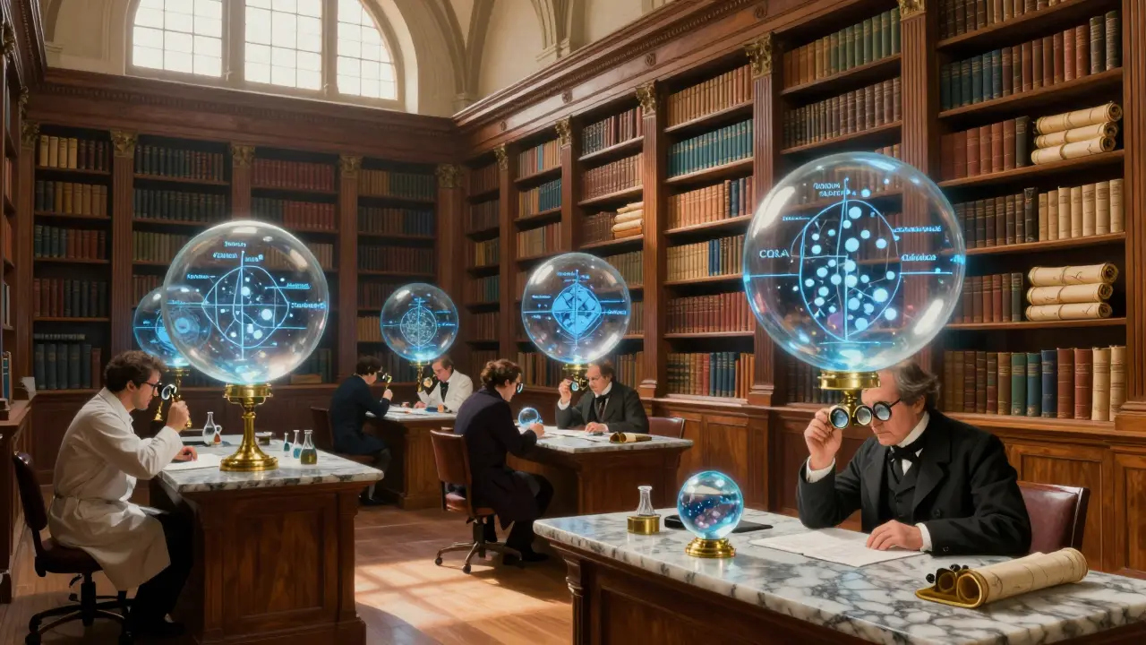 Scientists in Victorian coats analyze floating 3D diagrams of drug quality attributes in a grand archive lit by golden sunlight.