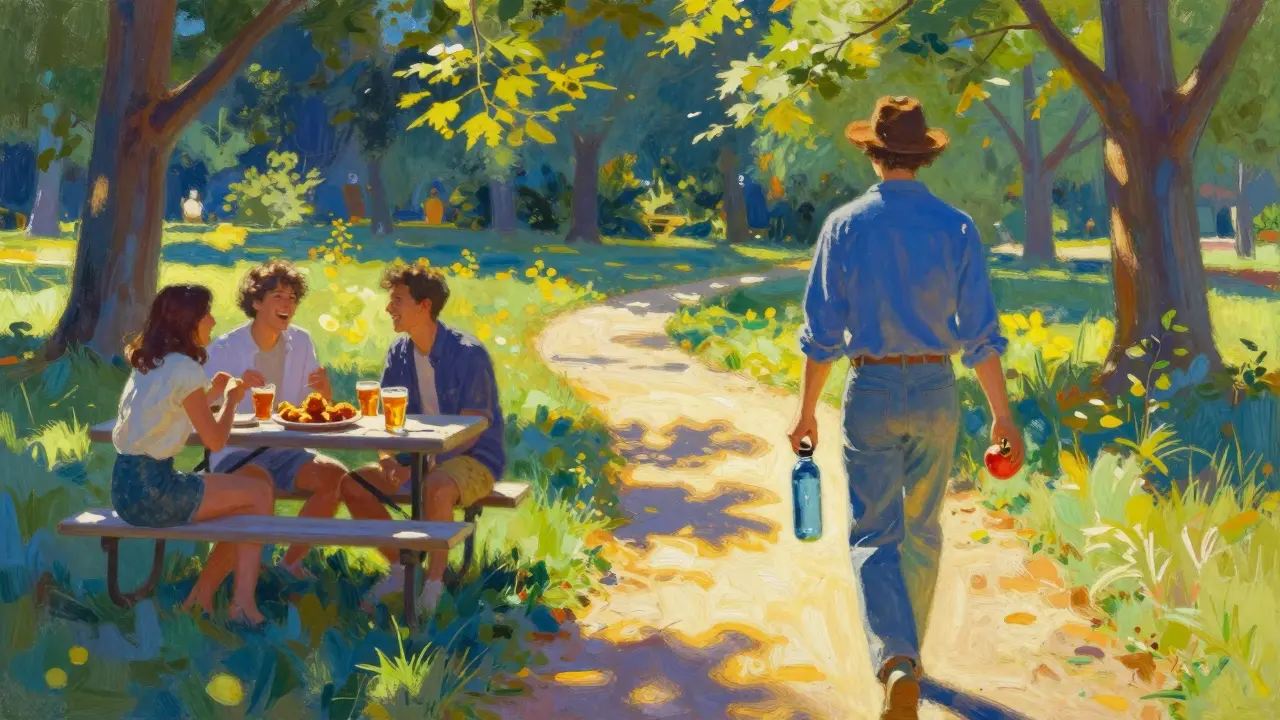 Someone walking in a park with healthy snacks while friends eat fried food in the background.