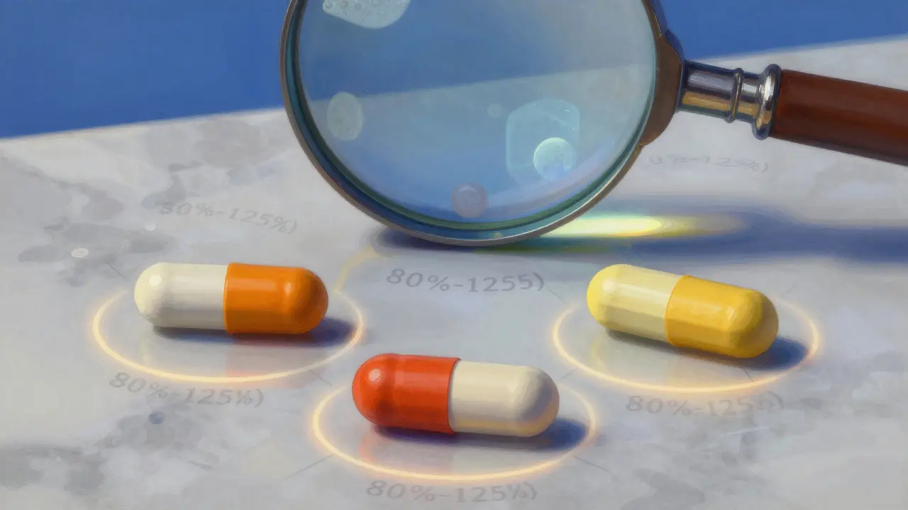 Three different generic pills on marble with glowing absorption ranges, highlighting subtle formulation differences.