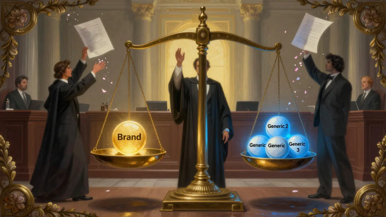 Three generic drugs outweighing a brand drug on a glowing scale in a surreal courtroom.