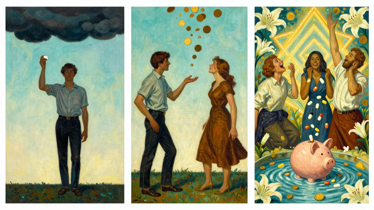 Triptych showing monopoly collapse into savings, with coins raining down among flowers.