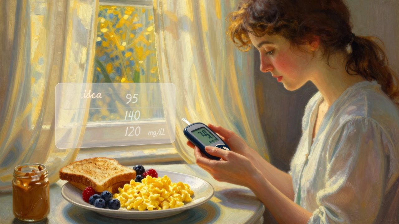 Woman checking blood sugar at breakfast with ideal targets glowing softly in golden morning light.