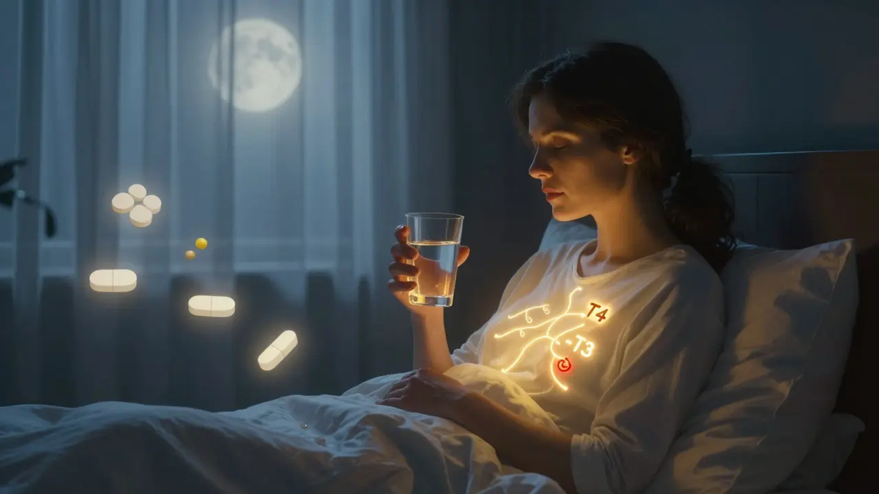 Woman taking thyroid medication at night, surrounded by fading blockers and glowing hormone pathway.