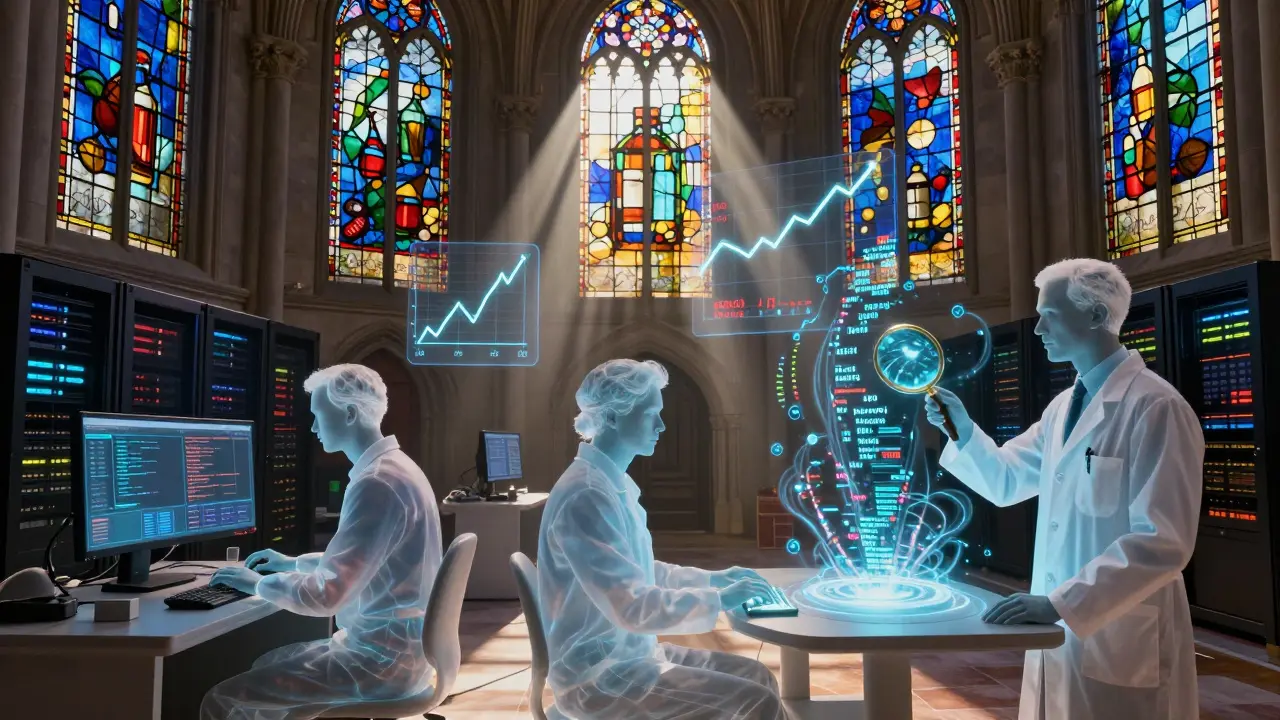 A cathedral data center with stained-glass timelines and three figures interacting with safety charts.