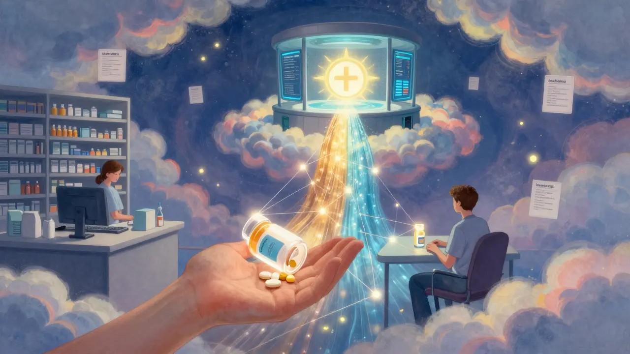 A celestial network of light connecting patients to FDA monitors, representing real-time drug safety surveillance.