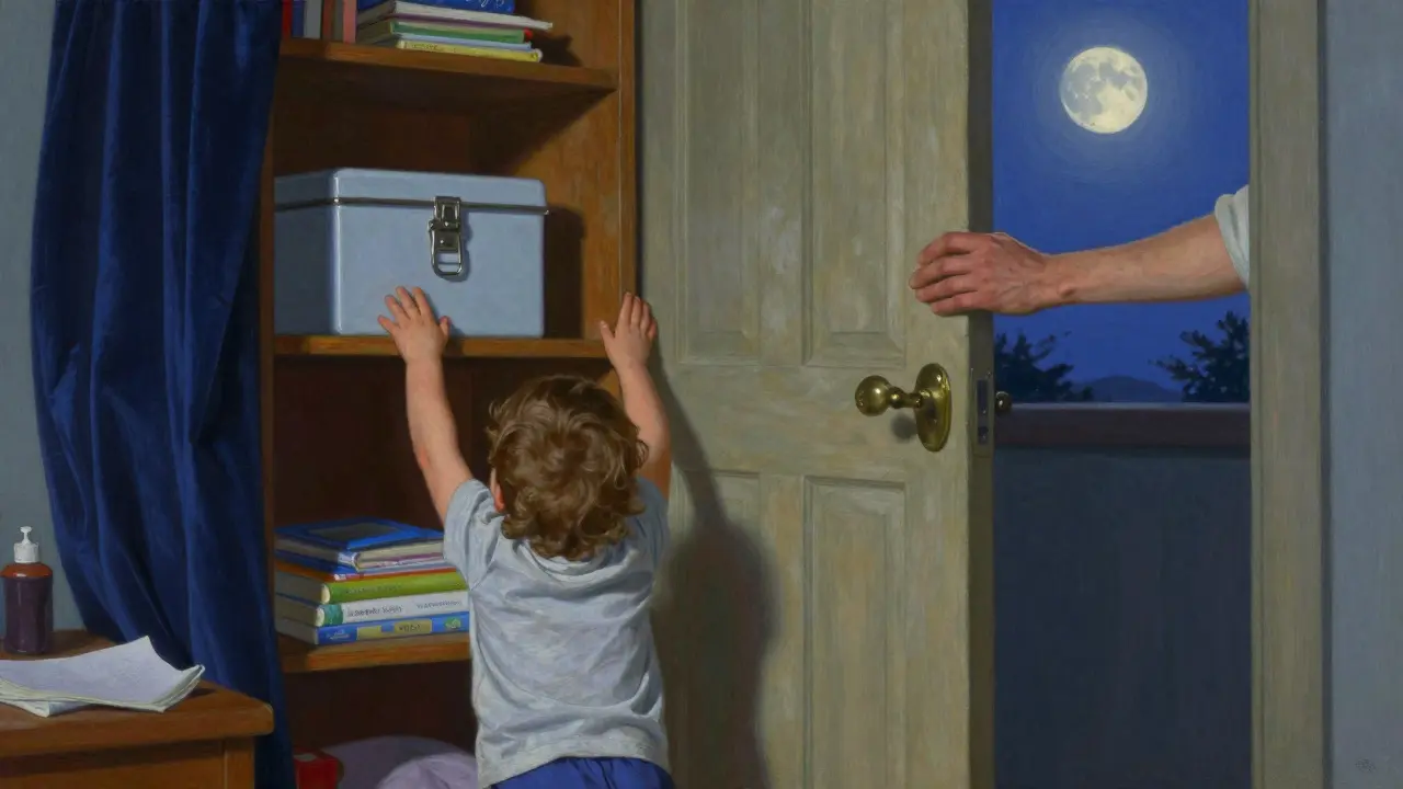 A child reaching for a high shelf where a locked medication box is safely stored behind a closed door.