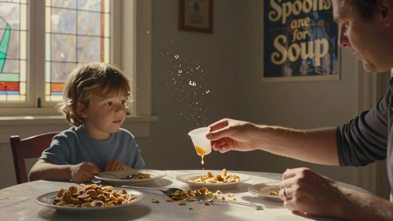 A child taking medicine with a dosing cup at breakfast, as a broken spoon lies discarded beside spilled cereal.