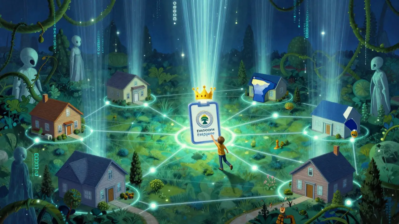 A child transitioning smoothly between insurance systems, with glowing networks and radiant states in the background.