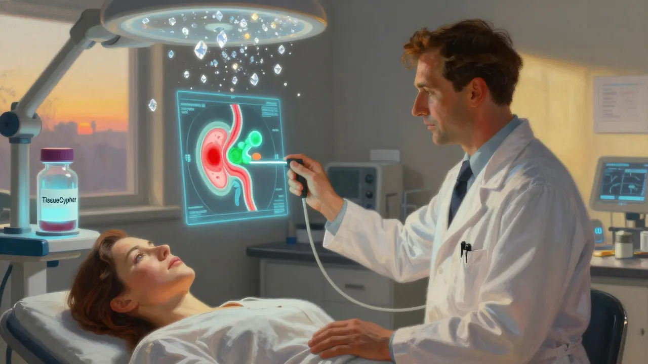 A doctor holds a glowing endoscope projecting a holographic esophagus map, with molecular markers and TissueCypher vial glowing in dawn light.