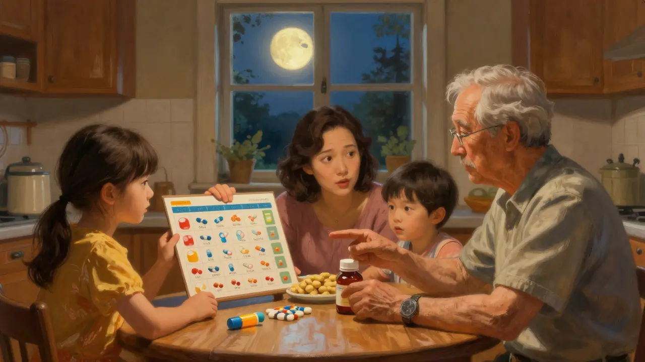 A family at a kitchen table with a visual medication chart, an elderly man questioning a pill bottle, a pill-shaped moon shining through the window.