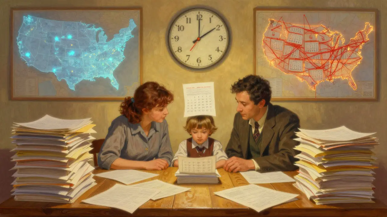 A family surrounded by paper forms with a 90-day clock above, state maps glowing differently in the background.