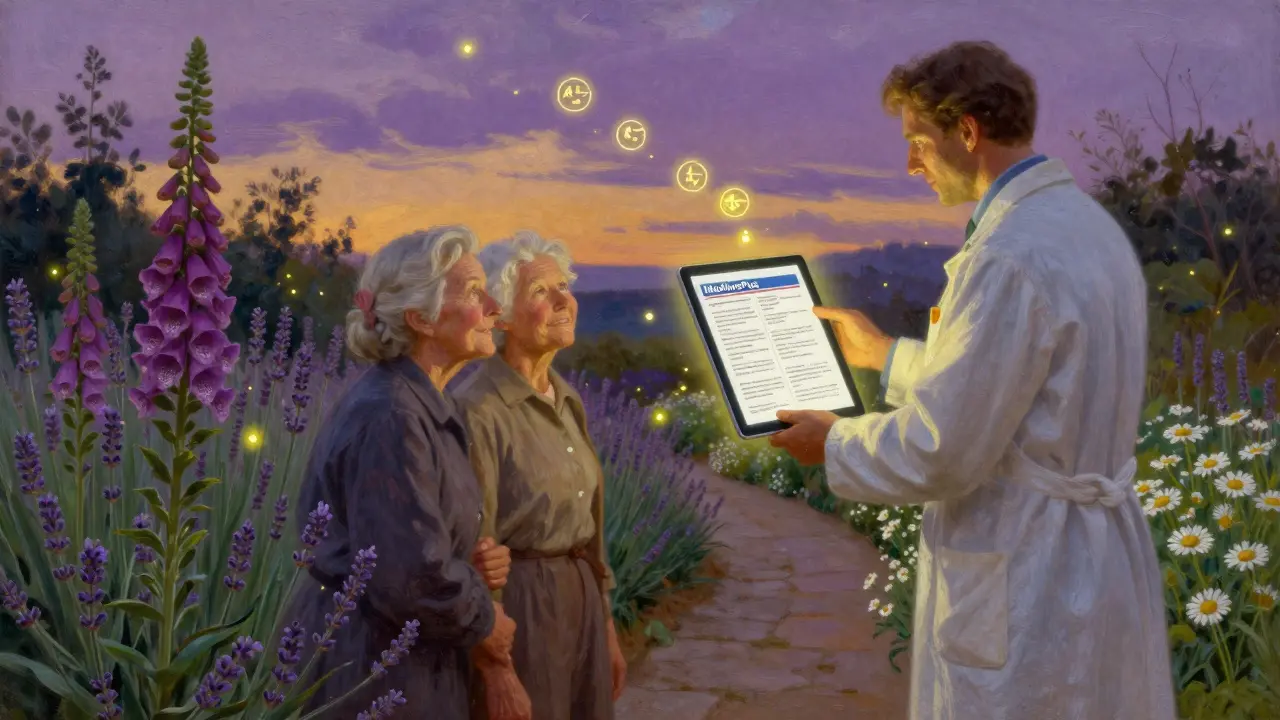 A garden path where a pharmacist gives a patient a printed drug info sheet under a twilight sky.
