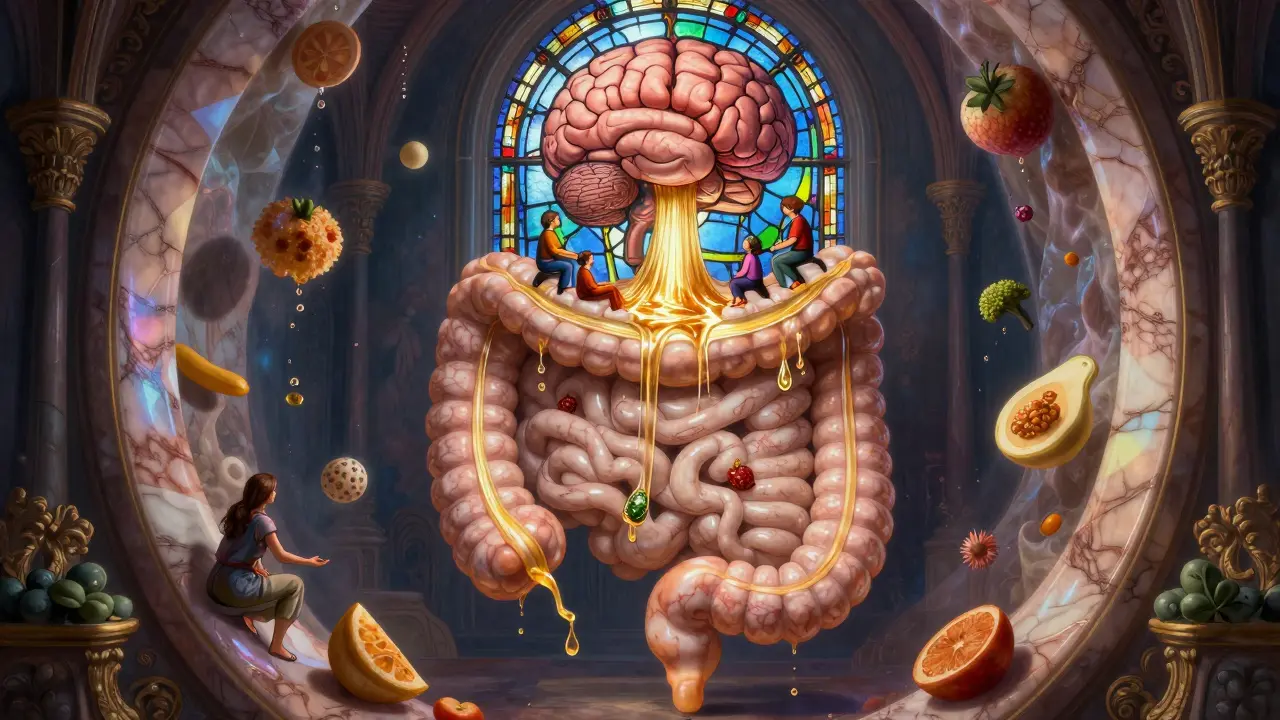 A glowing intestinal cathedral with golden serotonin rivers flows toward the brain, while hypnotherapy figures practice under a stained-glass axis window.