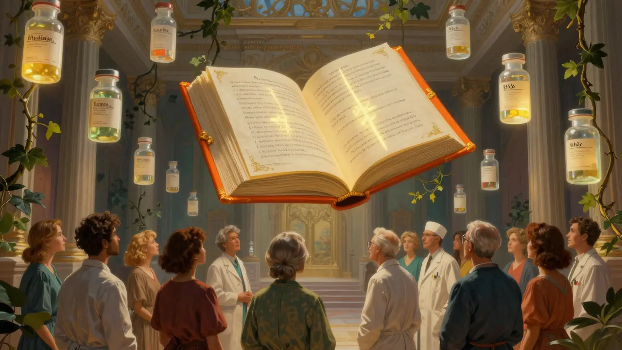 A grand hall with floating drug bottles and a glowing Orange Book revealing AB ratings at its center.