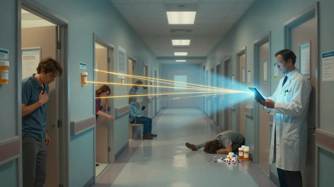 A long hospital corridor with patients in distress behind open doors, a pharmacist radiating golden light connecting them all with data streams.