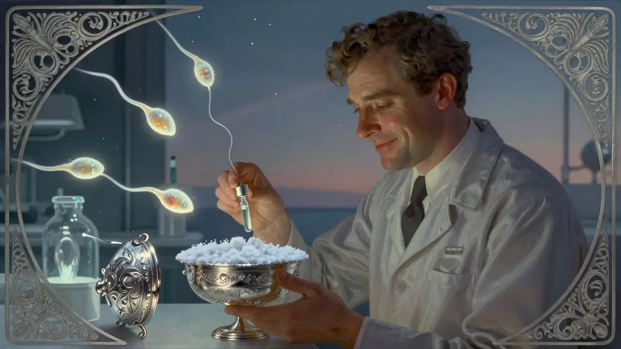 A man placing a sperm sample into a decorative container, with glowing sperm cells floating around him.