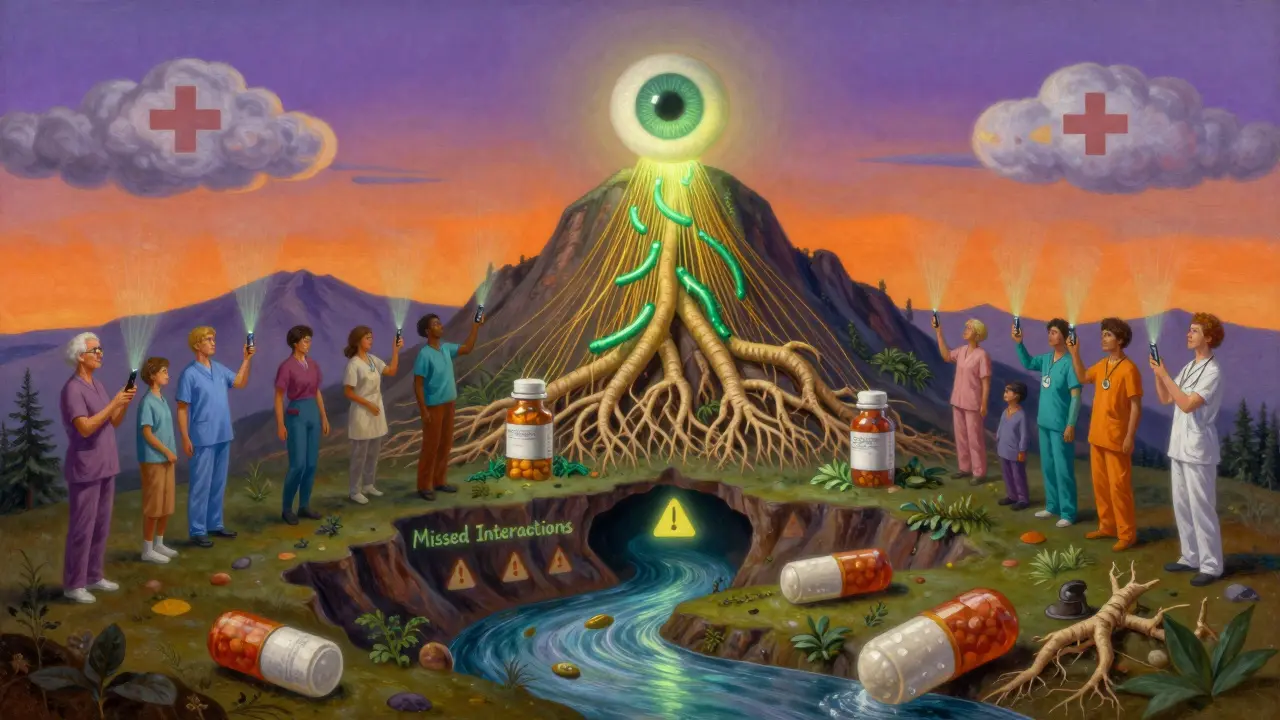 A mountain of pill bottles with a medicine river, lit by smartphones, under a twilight sky.