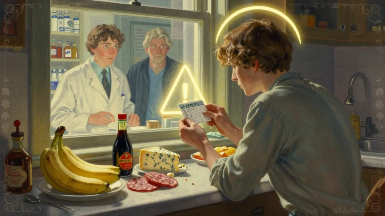 A patient holding a safety card beside forbidden foods, illuminated by soft celestial light with pharmacists watching from afar.