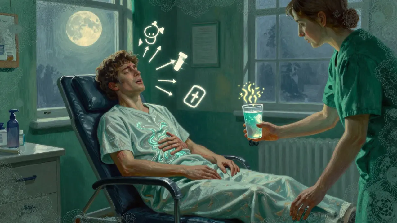 A patient in a detox room at peak withdrawal, surrounded by glowing symbols of physical distress, receiving medical care under moonlight.